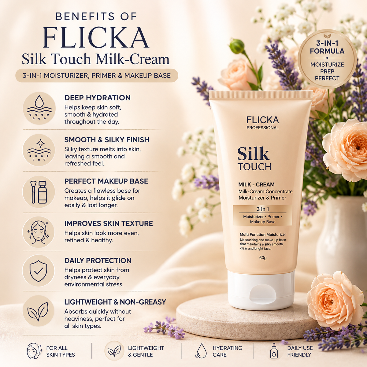 FLICKA Silk Touch Milk-Cream – 3-in-1 Moisturizer, Primer & Makeup Base (60g)