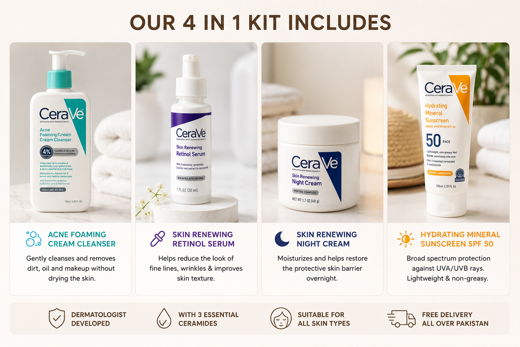 CeraVe 4 In 1 Skincare Kit Night Cream Retinol Serum Acne Foaming Cream Cleanser Hydrating Mineral Sunscreen