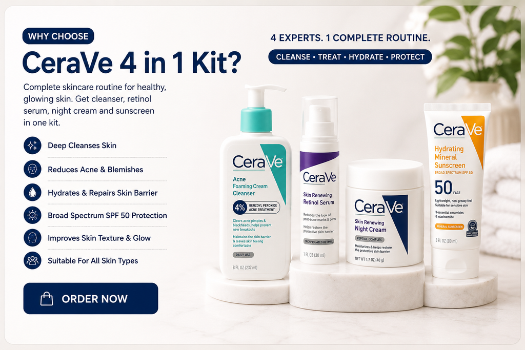 CeraVe 4 In 1 Skincare Kit Night Cream Retinol Serum Acne Foaming Cream Cleanser Hydrating Mineral Sunscreen