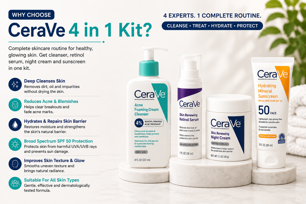 CeraVe 4 In 1 Skincare Kit Night Cream Retinol Serum Acne Foaming Cream Cleanser Hydrating Mineral Sunscreen