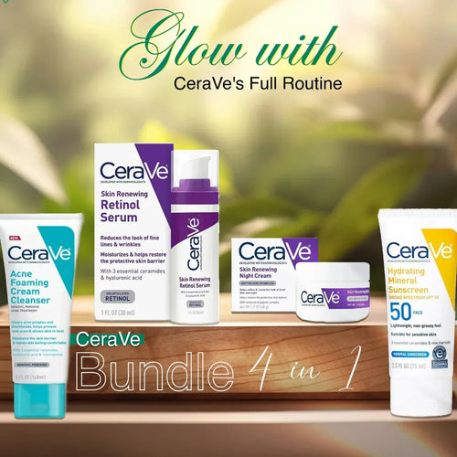 CeraVe 4 In 1 Skincare Kit Night Cream Retinol Serum Acne Foaming Cream Cleanser Hydrating Mineral Sunscreen